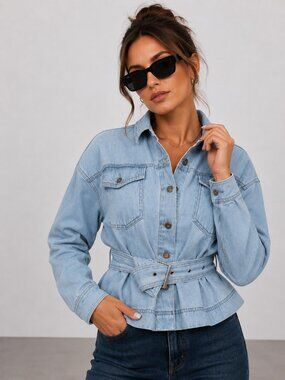 Light Wash Belted Peplum Denim Jacket Retro 80s Jean Jacket NWT 100% Cotton